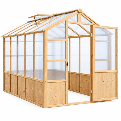 Wooden Greenhouse Kit Built for Year-Round Growing, 6X10 FT Walk-In Design, Natural Spruce Frame, Polycarbonate Panels