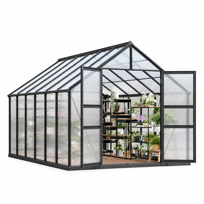 8X12 FT Polycarbonate Greenhouse,Large Walk-In Sturdyoutdoor Aluminum Frame Greenhouse with Roof Vent, Lockable Push Door,For Garden, Backyard, Patio & Lawn(Black)