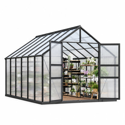 8X12 FT Polycarbonate Greenhouse,Large Walk-In Sturdyoutdoor Aluminum Frame Greenhouse with Roof Vent, Lockable Push Door,For Garden, Backyard, Patio & Lawn(Black)