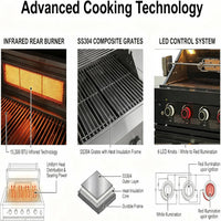 46" Outdoor BBQ Island Grill (No Sink/Fridge), 75,300 BTU 4 Burners + Side Burner, Infrared Rear Burner, LP/NG Convertible, Granite Top, Rotisserie, Stainless Steel Outdoor Kitchen Island
