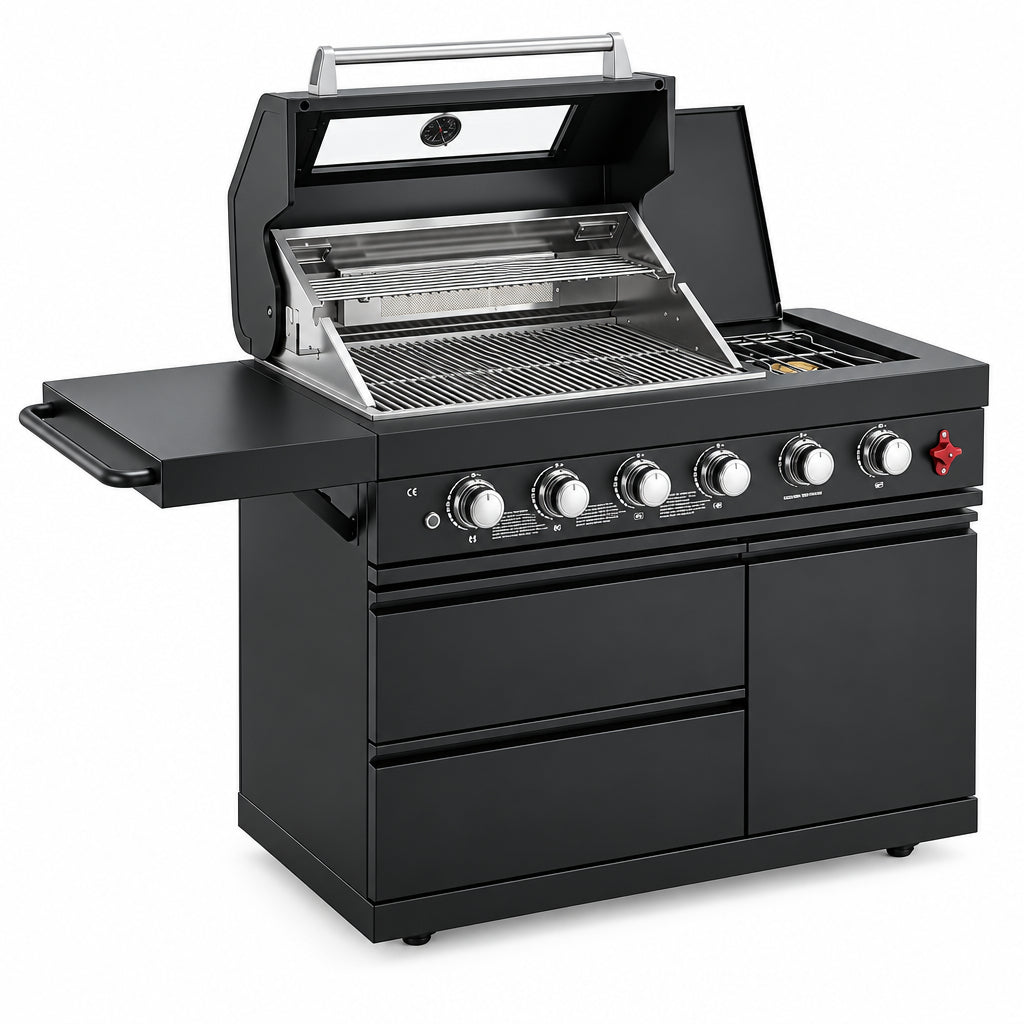 46" Outdoor BBQ Island Grill (No Sink/Fridge), 75,300 BTU 4 Burners + Side Burner, Infrared Rear Burner, LP/NG Convertible, Granite Top, Rotisserie, Stainless Steel Outdoor Kitchen Island