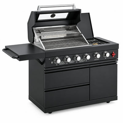 Outdoor BBQ Island Built for Entertaining, 75300 BTU, 4 Burners, Granite Top, Rotisserie Kit