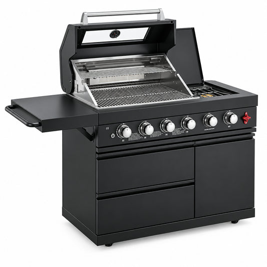 46" Outdoor BBQ Island Grill (No Sink/Fridge), 75,300 BTU 4 Burners + Side Burner, Infrared Rear Burner, LP/NG Convertible, Granite Top, Rotisserie, Stainless Steel Outdoor Kitchen Island
