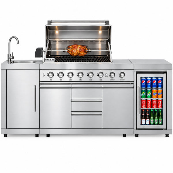 Outdoor Kitchen Island Built to Elevate Backyard Living, 6 Burner Grill, Side Burner, Sink, Storage, Beverage Fridge