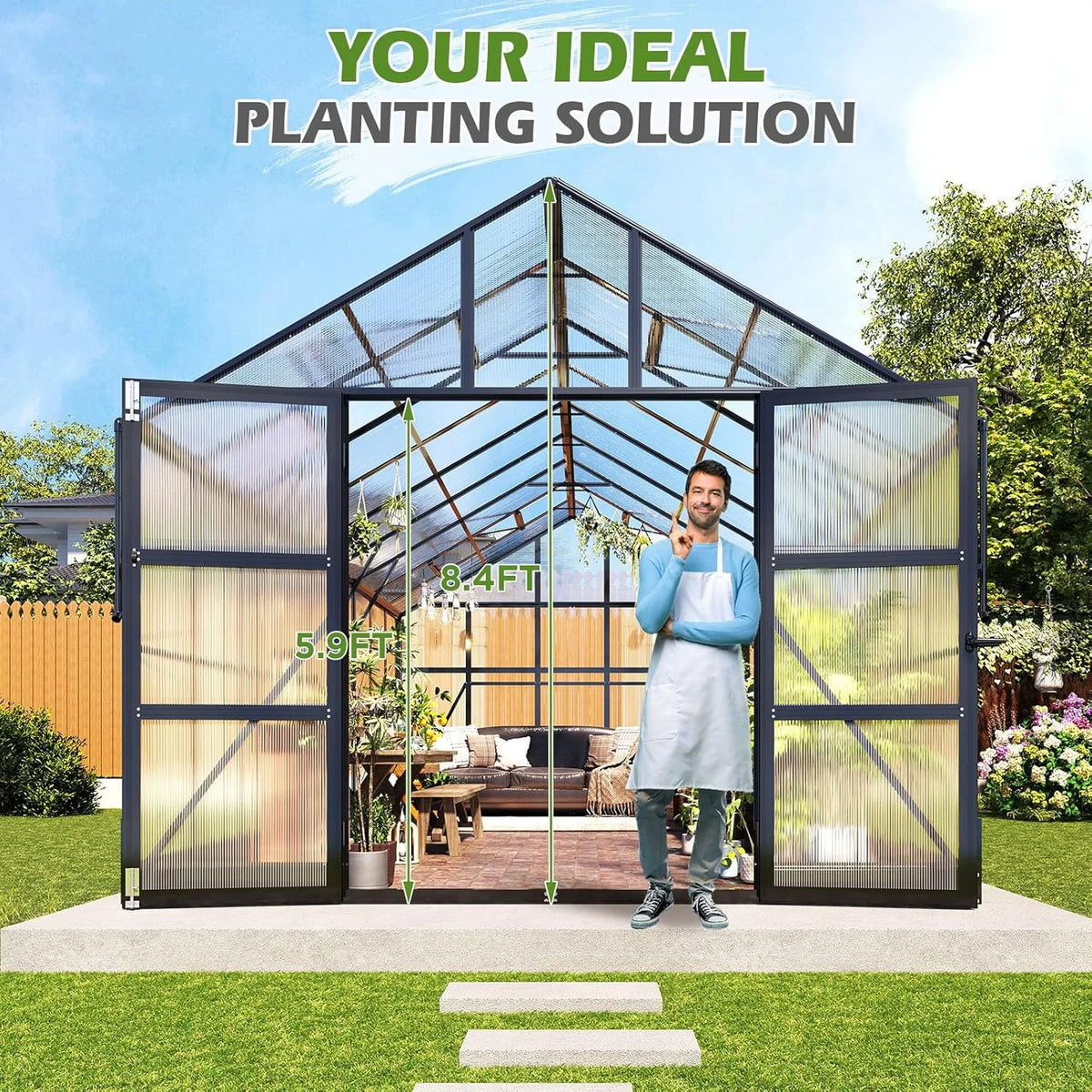 10X18 Ft Polycarbonate Greenhouse with Rain Gutter & 4 Roof Vents, Heavy Duty Aluminum Greenhouse for Outdoor Garden Backyard, Black