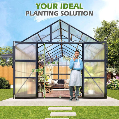 10X18 Ft Polycarbonate Greenhouse with Rain Gutter & 4 Roof Vents, Heavy Duty Aluminum Greenhouse for Outdoor Garden Backyard, Black