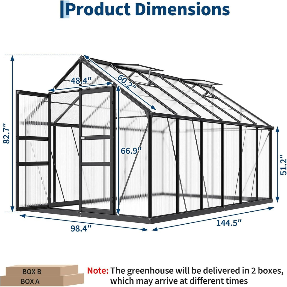 8X12 FT Polycarbonate Greenhouse,Large Walk-In Sturdyoutdoor Aluminum Frame Greenhouse with Roof Vent, Lockable Push Door,For Garden, Backyard, Patio & Lawn(Black)
