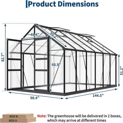 8X12 FT Polycarbonate Greenhouse,Large Walk-In Sturdyoutdoor Aluminum Frame Greenhouse with Roof Vent, Lockable Push Door,For Garden, Backyard, Patio & Lawn(Black)