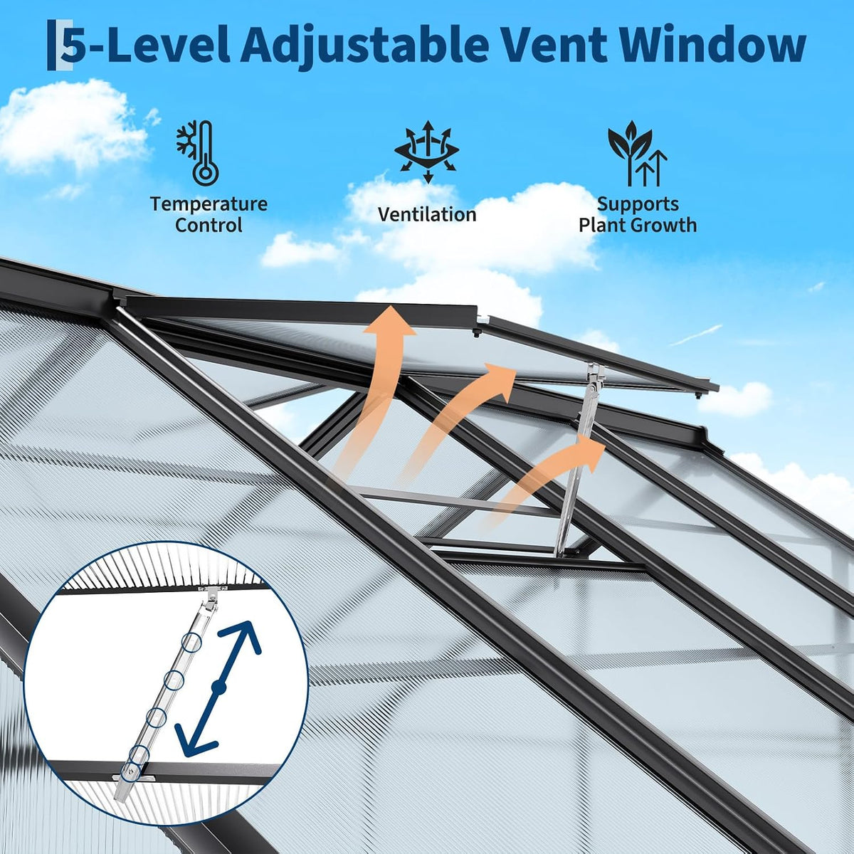 8X12 FT Polycarbonate Greenhouse,Large Walk-In Sturdyoutdoor Aluminum Frame Greenhouse with Roof Vent, Lockable Push Door,For Garden, Backyard, Patio & Lawn(Black)