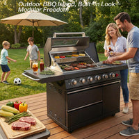 46" Outdoor BBQ Island Grill (No Sink/Fridge), 75,300 BTU 4 Burners + Side Burner, Infrared Rear Burner, LP/NG Convertible, Granite Top, Rotisserie, Stainless Steel Outdoor Kitchen Island
