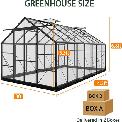 Greenhouses for Outdoors, 8X14.2 FT Polycarbonate Greenhouses with 2 Adjustable Roof Vent, Windproof, Walk-In Aluminum Frame Green Houses for outside with Sliding Door, Garden (8X14.2Ft)