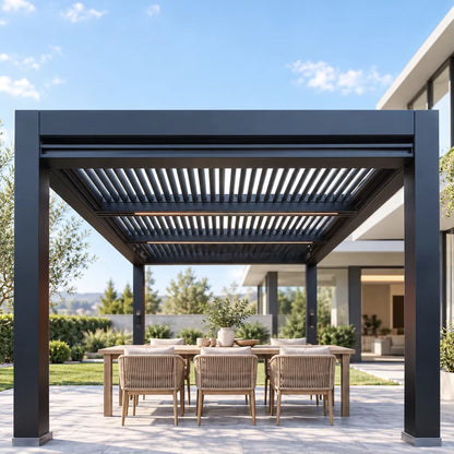 Aluminum Pergola, Rainproof, Electrically Adjustable Gazebo, Electric Louvered Awning, Outdoor Patio Sunshade.