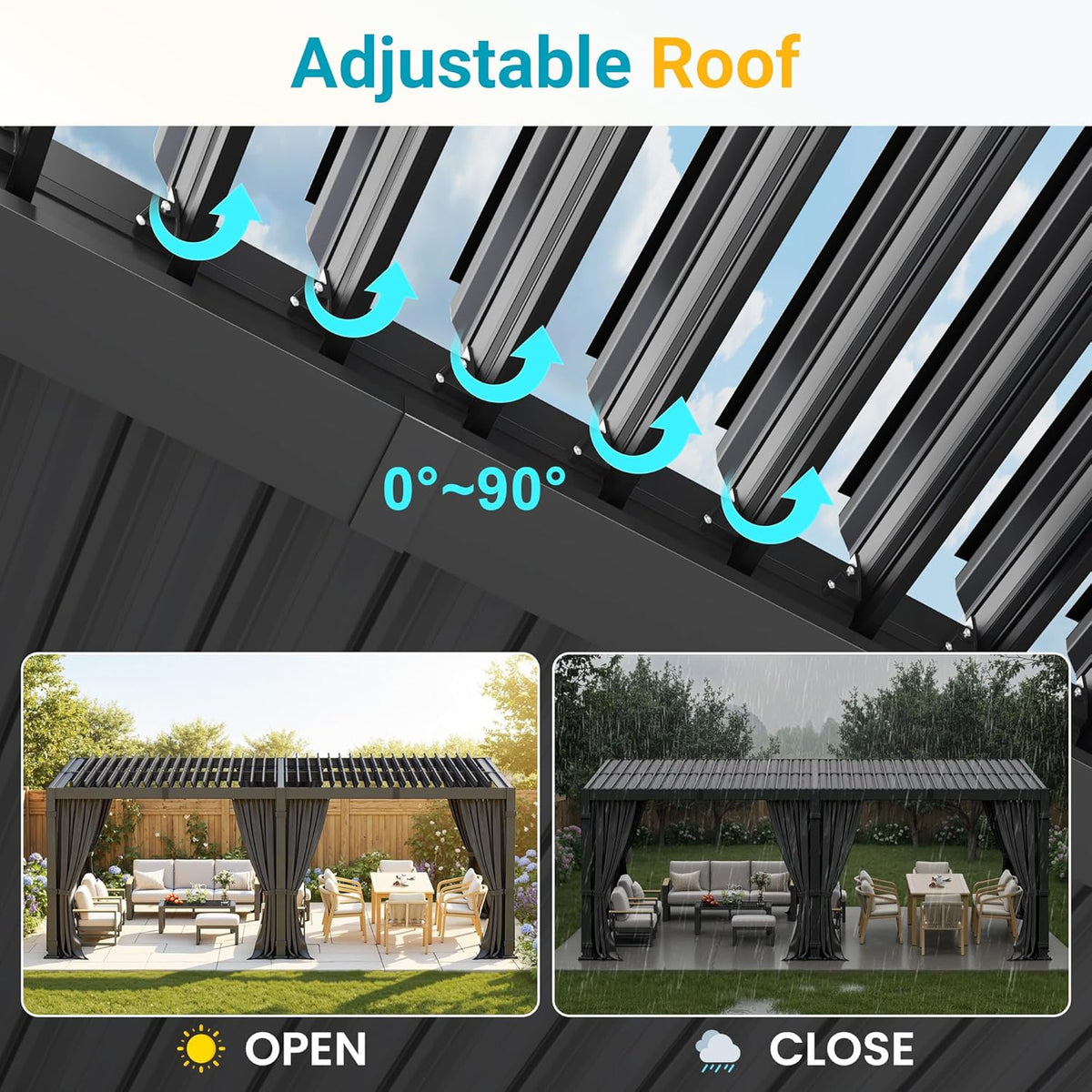 Pergola 12'X20' with Adjustable Roof & Thick Aluminum Frame for All Weather