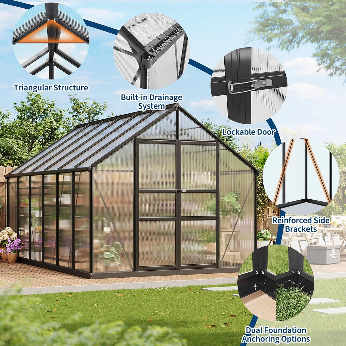 8X12 FT Polycarbonate Greenhouse,Large Walk-In Sturdyoutdoor Aluminum Frame Greenhouse with Roof Vent, Lockable Push Door,For Garden, Backyard, Patio & Lawn(Black)