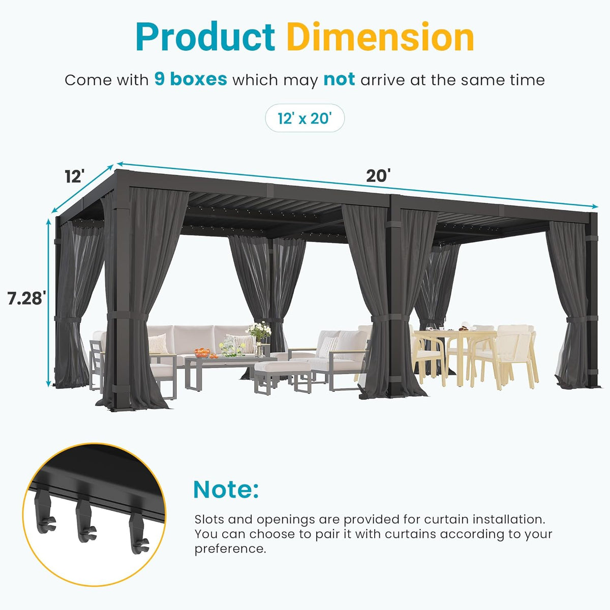 Pergola 12'X20' with Adjustable Roof & Thick Aluminum Frame for All Weather