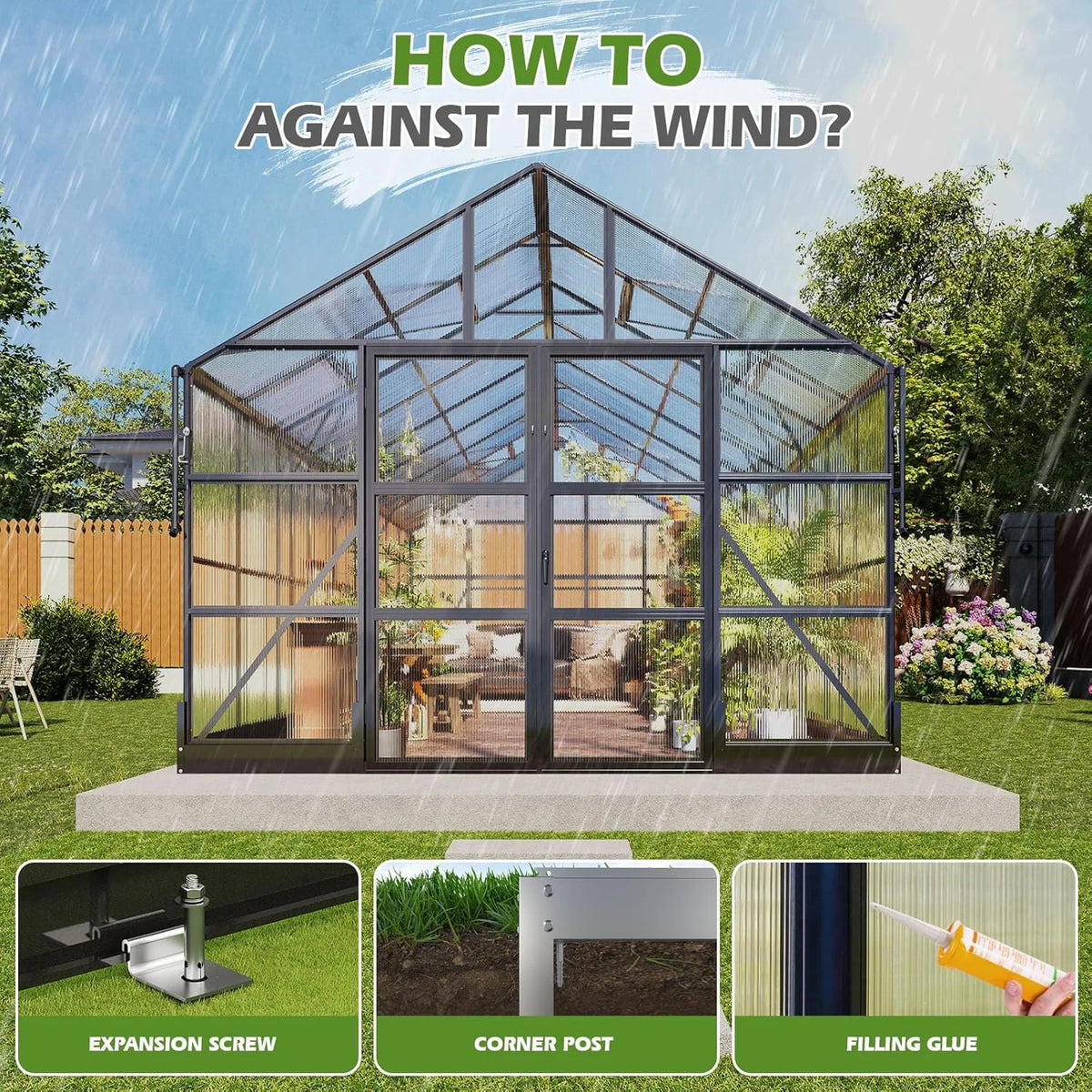 10X18 Ft Polycarbonate Greenhouse with Rain Gutter & 4 Roof Vents, Heavy Duty Aluminum Greenhouse for Outdoor Garden Backyard, Black