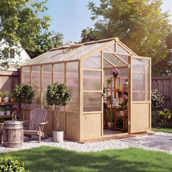 Wooden Greenhouse Kit Built for Year-Round Growing, 6X10 FT Walk-In Design, Natural Spruce Frame, Polycarbonate Panels