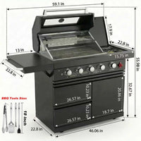 46" Outdoor BBQ Island Grill (No Sink/Fridge), 75,300 BTU 4 Burners + Side Burner, Infrared Rear Burner, LP/NG Convertible, Granite Top, Rotisserie, Stainless Steel Outdoor Kitchen Island