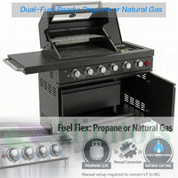 46" Outdoor BBQ Island Grill (No Sink/Fridge), 75,300 BTU 4 Burners + Side Burner, Infrared Rear Burner, LP/NG Convertible, Granite Top, Rotisserie, Stainless Steel Outdoor Kitchen Island