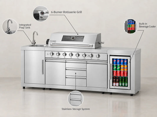 Reserve Outdoor Kitchen Island with 6 Burner Grill and a Side Burner, Sink, Storage Cabinet and Beverage Refrigerator, CSA Listed in Stainless-Steel — Feature Infographic